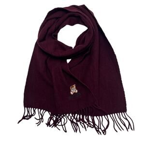 Moschino Teddy Bear Scarf Burgundy Merino Wool Fringe Designer Luxury Logo